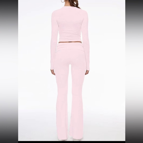 Women’s Pink 2-Piece Lounge Set - Cropped top with fold over pants - Picture 2 of 4